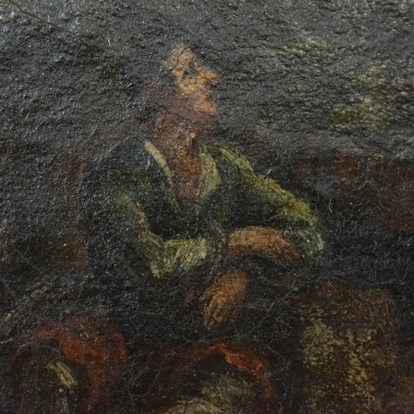 Scuola napoletana del XVII secolo, Coppia di paesaggi con figure, olio su tela, cm 22,8x32,5, ent...