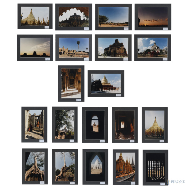 Lotto di 20 fotografie di luoghi della Cambogia e della Birmania, XX secolo, entro passepartout, misure complessive cm 40x55, (segni di usura, difetti)