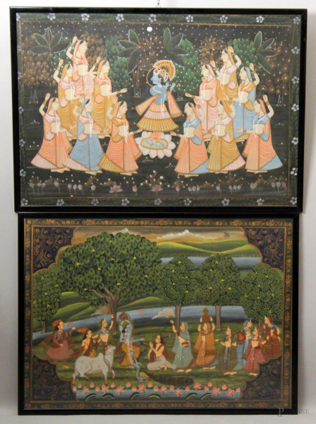 Lotto di due pannelli dipinti raffiguranti scene di vita, 72x102 cm, entro cornici