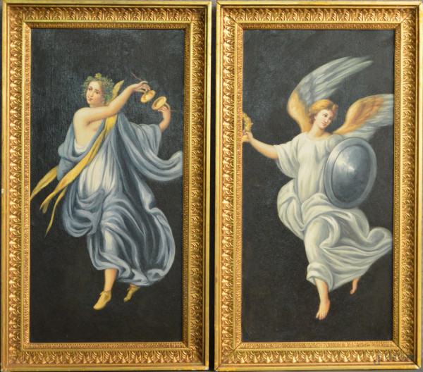 Coppia dipinti olio su tela raffigurante fanciulle mitologiche con vestali 29x60 cm, entro cornici.