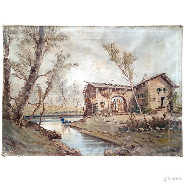 Paesaggio fluviale con cascina e lavandaia dei primi del Novecento, olio su tela, cm 50x68