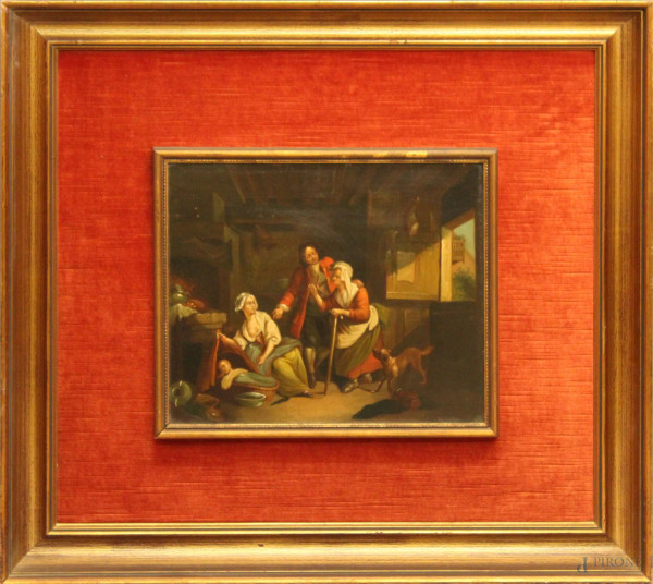 Interno famigliare, antico dipinto ad olio su rame, 22x50, entro cornice