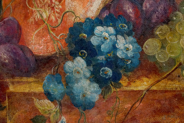 Natura morta di fiori e frutta, olio su tela, primo XX secolo, cm 99,5x69,5, entro cornice