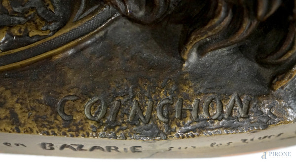 Alessandro e il leone, scultura in bronzo, firmata Coinchon, cm h 31