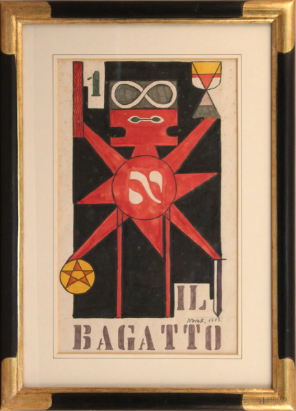 Gianni Novak, Il bagatto, tecnica mista su carta, cm. 47x29, entro cornice.
