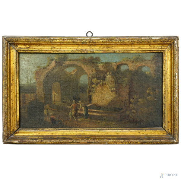 Paesaggio con rovine e figure in sosta presso una fonte, olio su tela, siglato e datato W.L.D 1607, cm 22x41,5, entro cornice