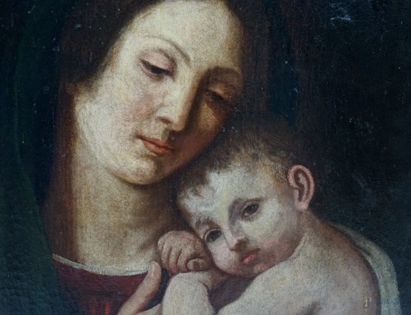 Scuola emiliana del XVII secolo, Madonna con Bambino, olio su tela, cm 67,5x55,5, (difetti)