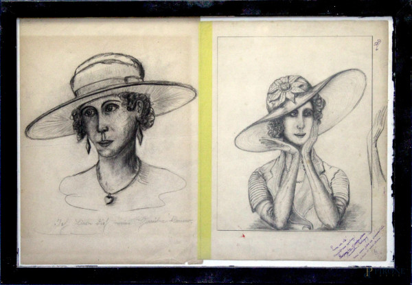 Lotto composto da due disegni su carta siglati da illustratore francese, anni&#39;30, cm 24 x 30.