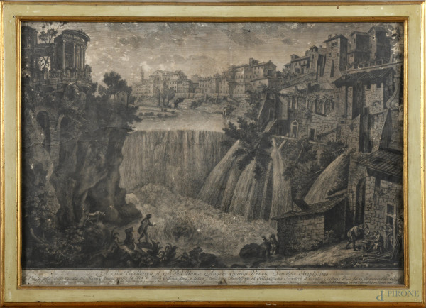 Incisione raffigurante veduta della Cascata del Fiume Aniene presso Tivoli, XIX secolo, cm 49x70, (segni di usura, difetti, mancanze, lacerazioni, segni di piegatura, bruniture, tracce di umidità, foxing, gore, rottura del vetro)