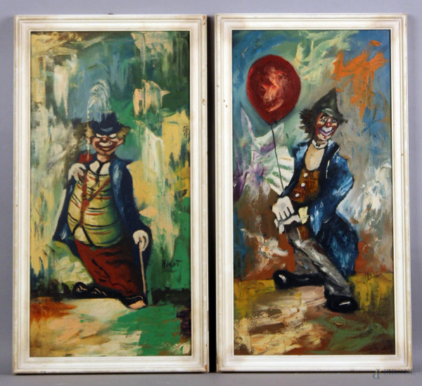 Coppia di dipinti raffiguranti clown ad olio su tela 60x30 cm, firmati, entro cornici.