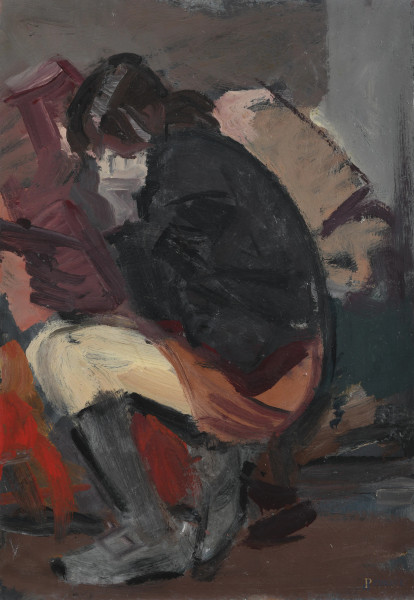 Edoardo Krumm (1916-1993), La ragazza, tecnica mista e smalto su tela, cm 100x70, firmato al retro