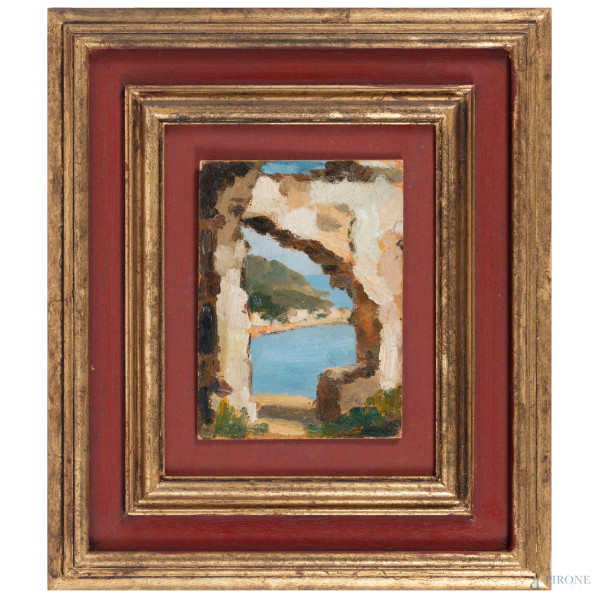 Promontorio di Zoagli, XIX-XX secolo, olio su cartone pressato, cm 17,5x12x5, entro cornice, (marginali segni di usura)