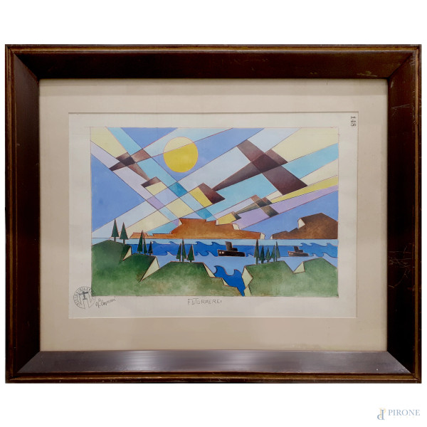 Vittorio Caproni (XX sec.) Aeropittura, tecnica mista su carta, cm 23x33, firma e timbro dell’Art...