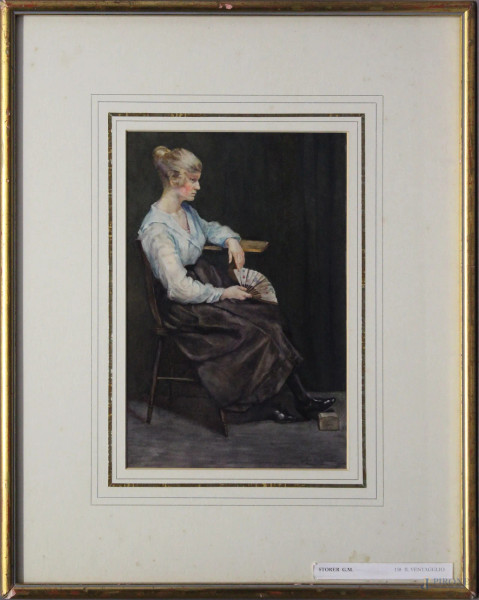 G.M.Storer, Dama con ventaglio, acquarello su carta, cm 30 x 20, entro cornice.
