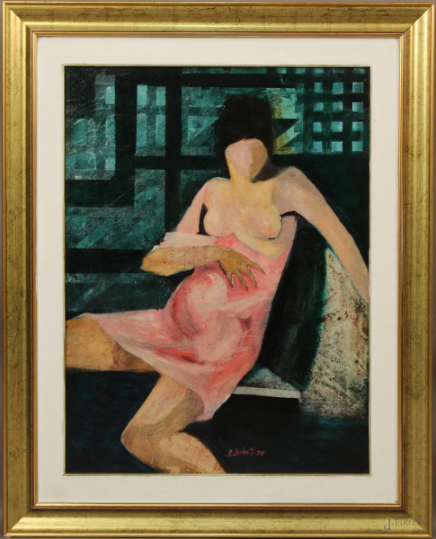 Donna seduta, olio su tela, cm. 80x60, firmato M. Sacchetti, entro cornice.