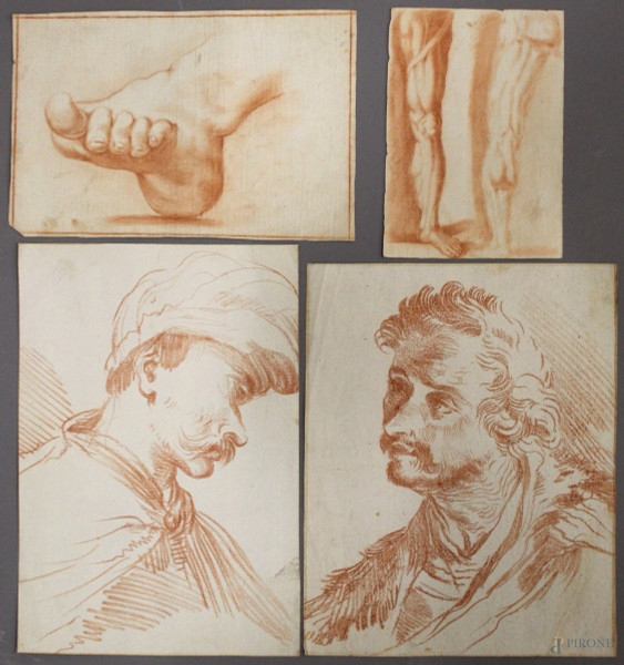 Lotto di quattro studi di cui due raffiguranti personaggi e due raffiguranti arti a sanguigna su carta, 22x25 - 33x23 - 19x28cm, XIX sec.