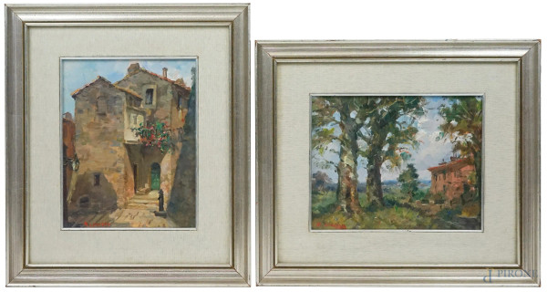 Rinaldo Caressa - Ultimi angoli sull'Ardeatina e Case di Poggio Catino, due dipinti ad olio su cartone, misure max cm 25x20, entro cornici.