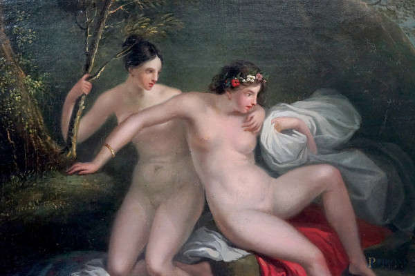Artista della prima metà del XIX secolo, coppia di dipinti a pendant raffiguranti ninfe al bagno,...