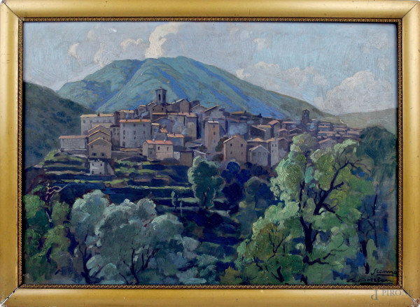 Enrico Ortolani - Veduta di Scanno, olio su tavola, cm 30x41,5, entro cornice