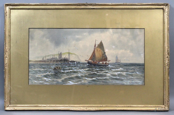 Marina con imbarcazioni, acquarello su carta, cm, 25x50, firmato G. Gianni, entro cornice.
