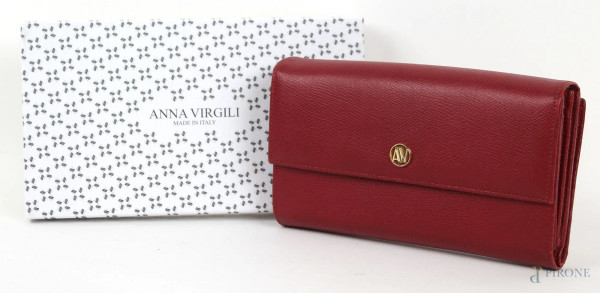 Anna Virgili, portafoglio in pelle rossa, cm 19x11x5, entro scatola originale