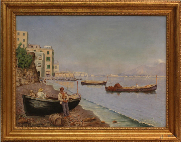 Spiaggia con pescatore, olio su tela cm. 52x73, firmato Cortese, entro cornice.