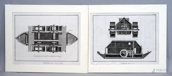 Charpente, lotto di 2 incisioni francesi del XVII secolo, cm 35x45