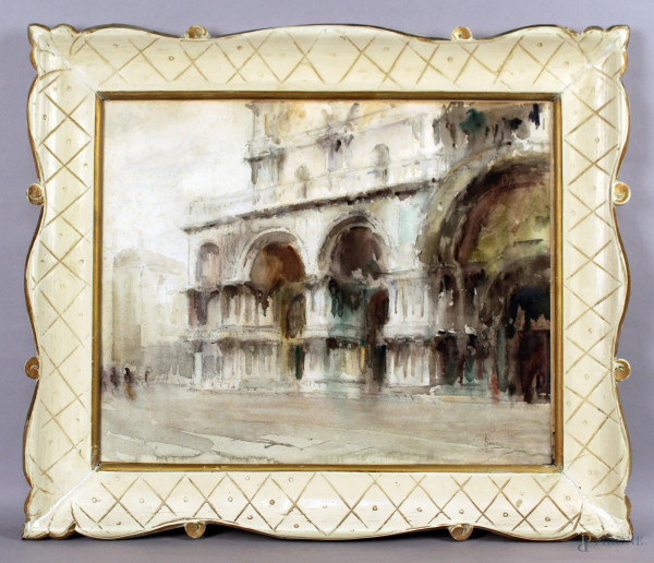 Scorcio di piazza con cattedrale, acquarello su carta, cm. 41x51, firmata P. Sala.