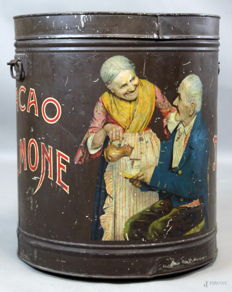Cacao Talmone, barilotto in latta, cm. 45x40, XIX secolo, (segni del tempo).