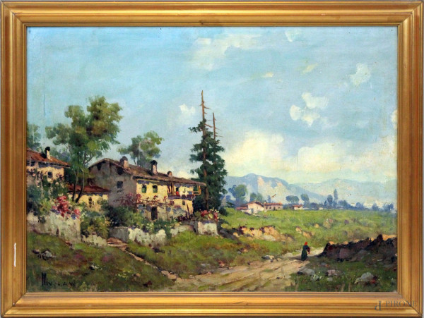 Paesaggio montano con case e figura, olio su tela, cm 59x82, firmato Liverani, entro cornice