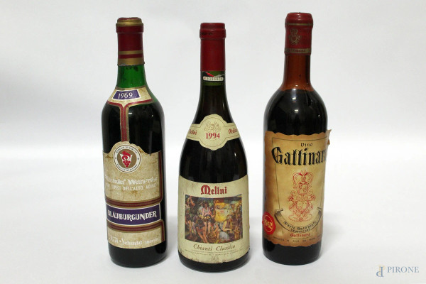 Lotto di tre vini: Gattinara 1962, Sudtiroler Weinprobe 1969, Mellini Chianti 1994.