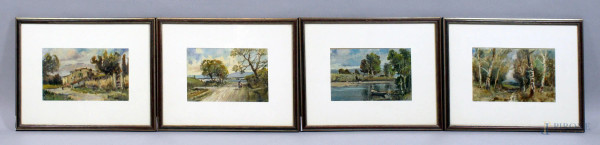 Lotto di quattro dipinti raffiguranti paesaggi, olio su carta, cm. 14x22, firmati, entro cornici.
