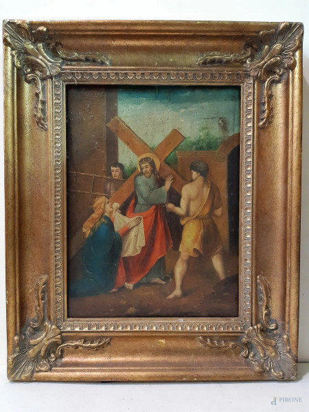 Via crucis, dipinto ad olio su tavola 30x40 cm in cornice dorata.