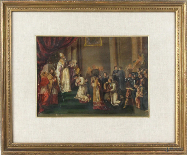 Bendezione del papa, olio su cartone, cm 20x27,5, fine XIX secolo, entro cornice