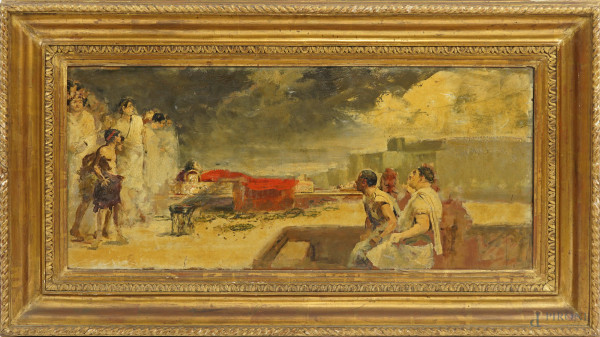 Artista del XIX-XX secolo, Morte di Cesare, olio su tela, cm 34,2x80, entro cornice