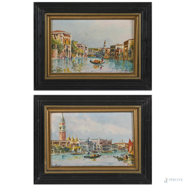 Coppia di paesaggi veneziani, XX secolo, olio su cartone, cm 21x31, firmati, entro cornice, (supporti lievemente imbarcati)