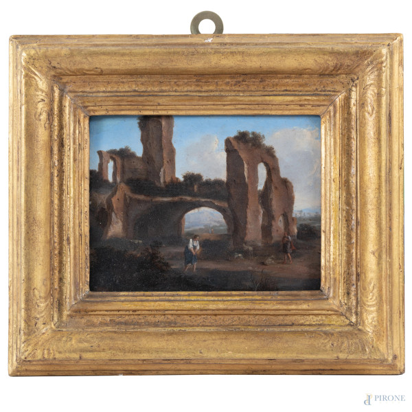 Coppia di rovine con figure, XVII secolo, olio su rame, cm 12x15,5, entro cornice
