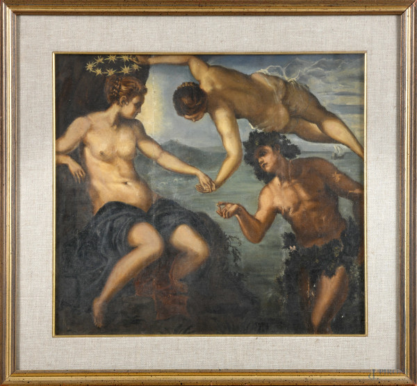 Bacco e Arianna da Jacopo Tintoretto, XX secolo, olio su tela, cm 47x54, entro cornice, (segni di usura, tracce di umidità, abrasioni, lacerazioni)