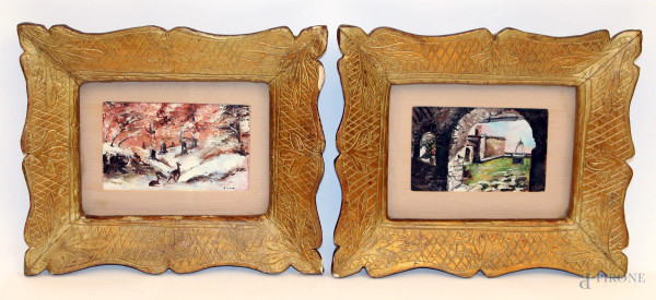 A.Indoni, coppia di paesaggi ad olio su rame, cm 9x15, entro cornici.