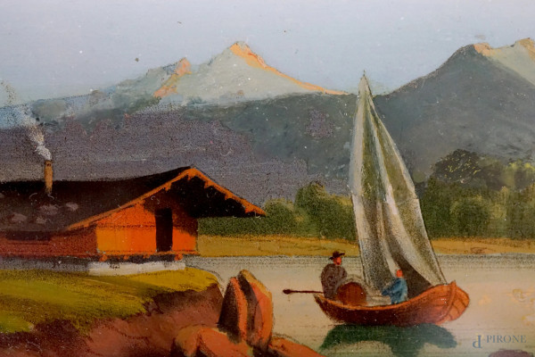 Orologio da muro in legno con decoro raffigurante un paesaggio montano, quadrante circolare bianc...