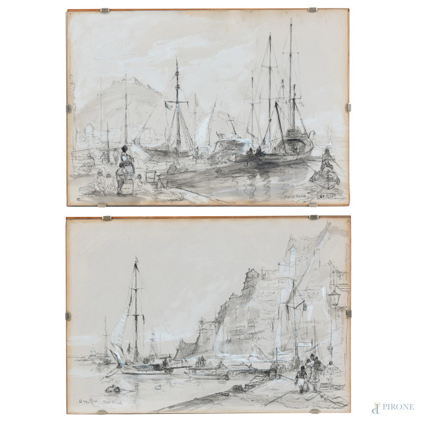 Lotto di due disegni a tecnica mista di Dino Rossi (1904 - 1982) raffiguranti porto Ercole, cm 33x49, firmati e titolati in basso, entro cornice
