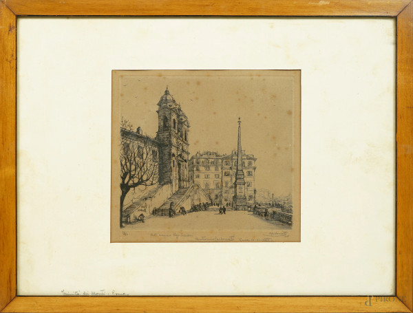 Antonio Carbonati - Trinità dei Monti, acquaforte (26/50), cm 23x25, 1918, firmato, dedicato e datato "Roma 10.XI.XVIII". Titolatoe  iscritto "Roma" sul passepartout, entro cornice