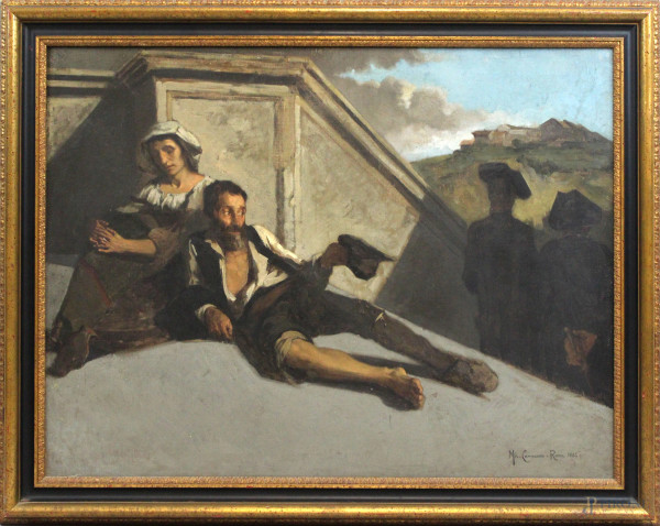 Michele Cammarano - L'elemosina, olio su tela, cm 66x88, datato Roma 1884, entro cornice.