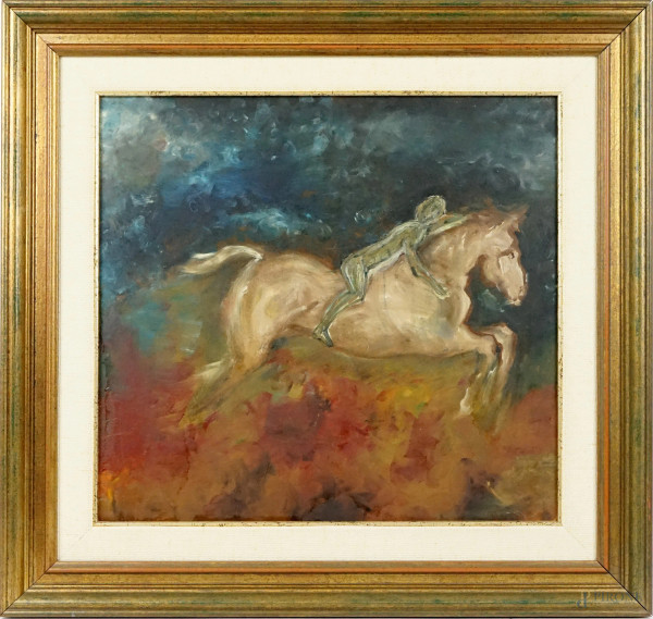 Anonimo del XX secolo, Uomo a cavallo, olio su tavola, cm 40x43,5, entro cornice