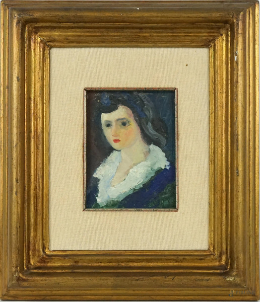 Ritratto di ragazza, olio su tavola, cm 15x11,5, XX secolo, entro cornice