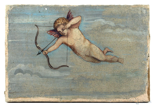 Amorino con arco, olio su tela, cm 30x45, XX secolo, (difetti).