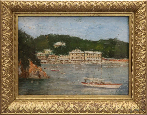 Costiera Ligure con imbarcazione, olio su tavola,24x33 cm, entro cornice firmato Ferrari