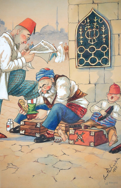 Vignetta satirica, I lustrascarpe - Costantinopoli, tecnica mista su carta, cm 28x18,5, datata 1824, entro cornice