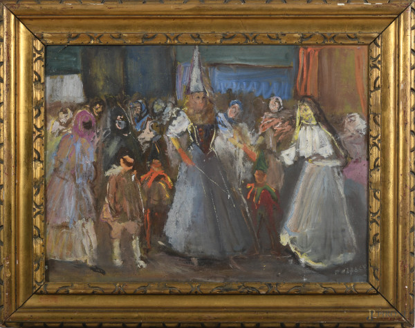 Festa in maschera, XX secolo, tecnica mista su tela, cm 51x68, firmato in basso a destra, entro cornice, (segni di usura, difetti, abrasioni, graffi, cadute di colore)