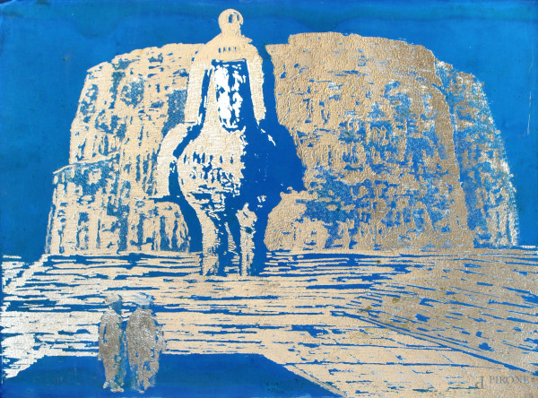 Salvatore Fiume - L'Isola del cavallo di pietra, multiplo su carta, es.71/100, lastra in argento, cm 30x40, edizione d'arte "La lastra", (difetti).